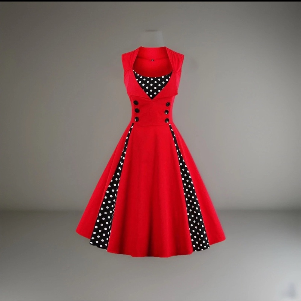 Retro A Line Swing Dress Midi L Red Black White Polkadot Swing Rockabilly 1950s